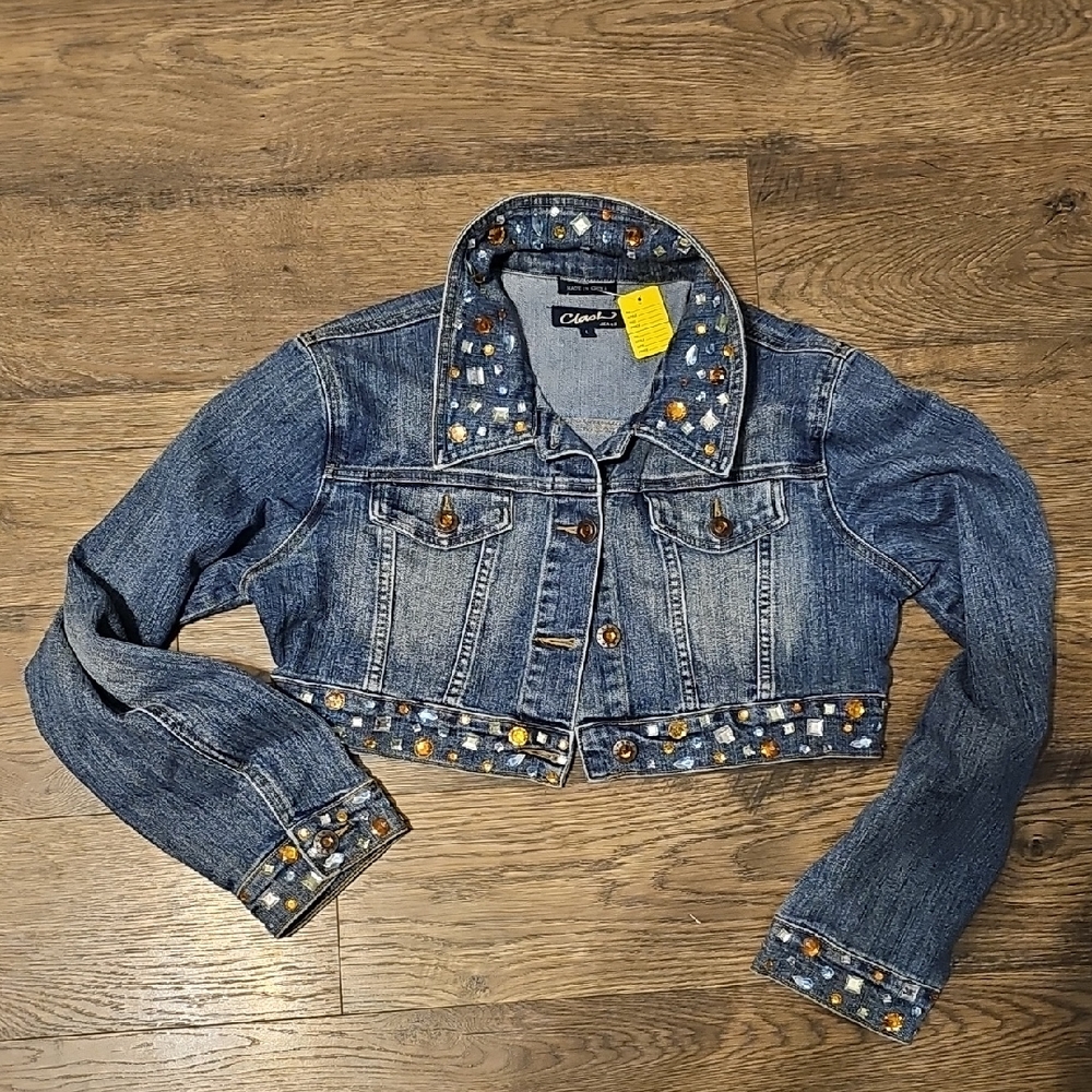 Embellished Jean Jacket VINTAGE Denim Retro Women Large Crop Coat